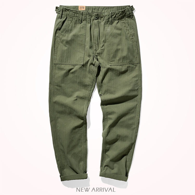 Amy Khaki n casual vintage cargo pants men's straight-leg casual pants cotton fishbone woven awl pants