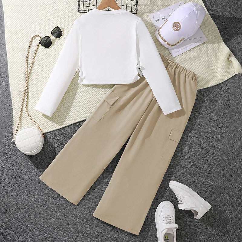 2024 New Spring Autumn Girls Matching Clothes 8-12 Years Solid Color Vacation Party Daily Casual Clothing Korean Style Outfits