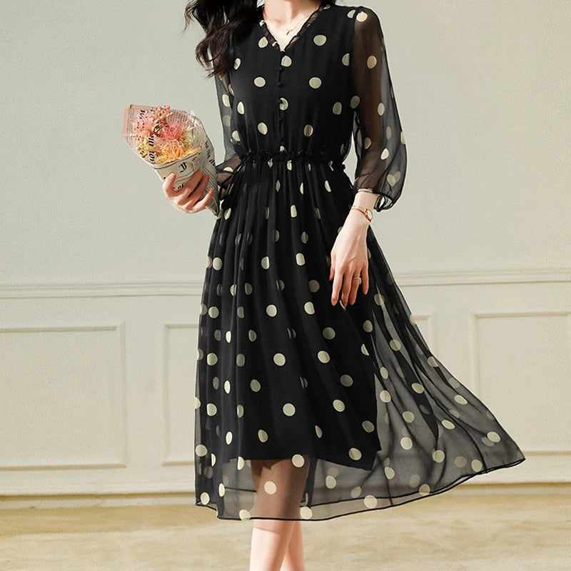 EVNISI V-neck High Waisted A-line Skirt Elegant Gentle Long Dress Round Dot Lantern Sleeve Chiffon Printing Fashion New