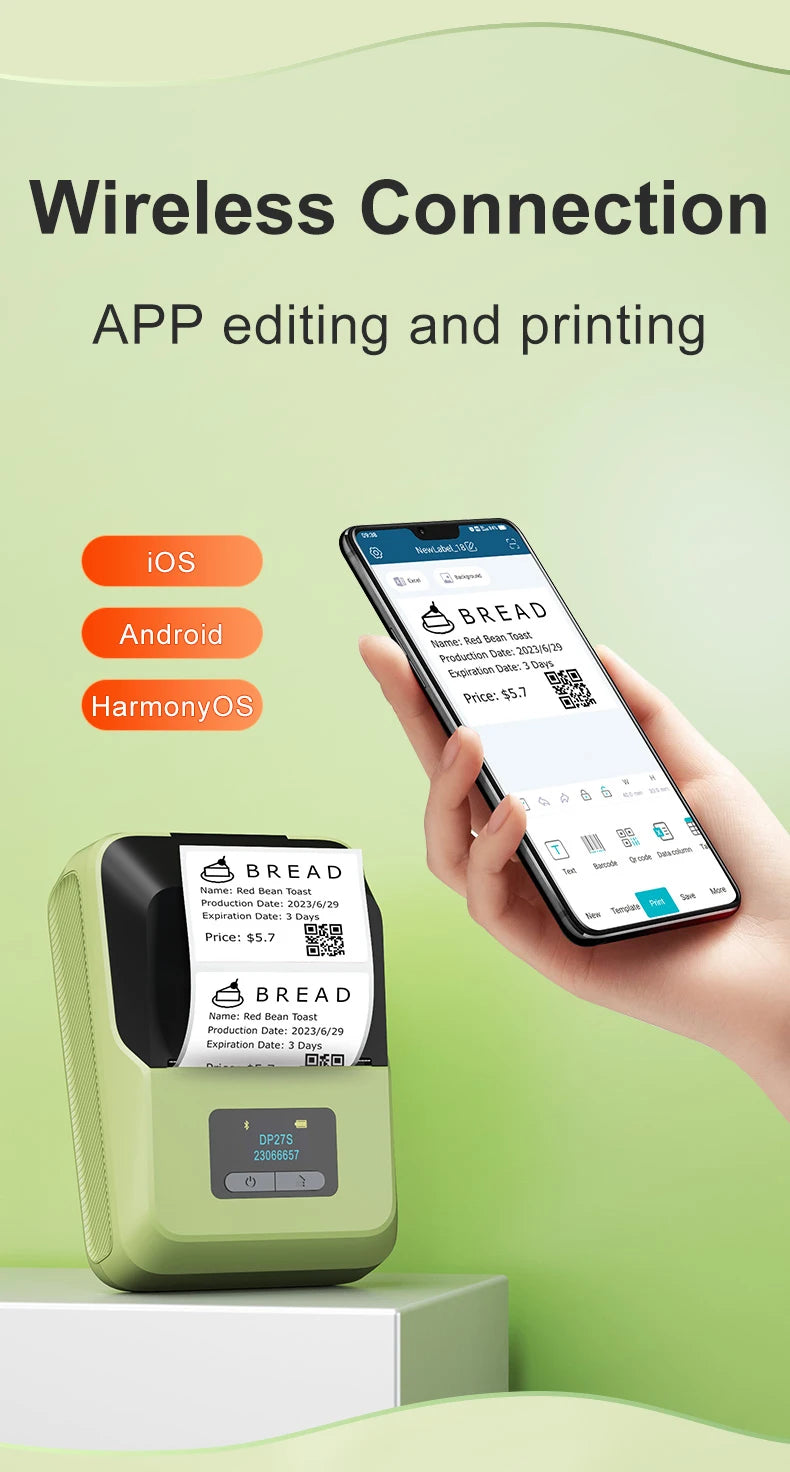 DETONGER DP27S 2inch Mini Thermal Printer No Ink Wireless Connect Compatible iOS Android for Home&Office Cable Sticker Printer