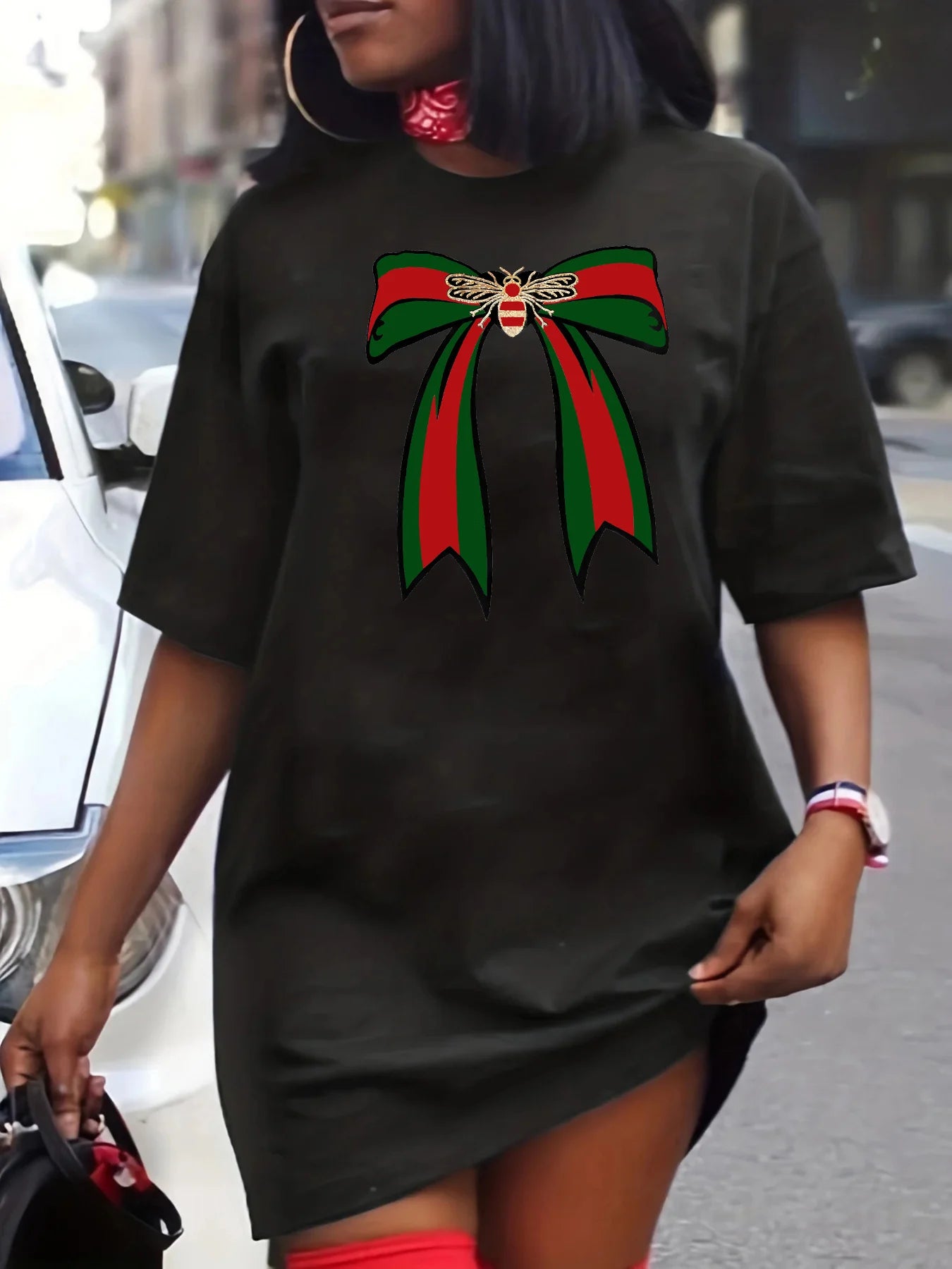 Ladies' spring and summer casual loose plus size bee bow pattern printed round neck short sleeved T-shirt dress