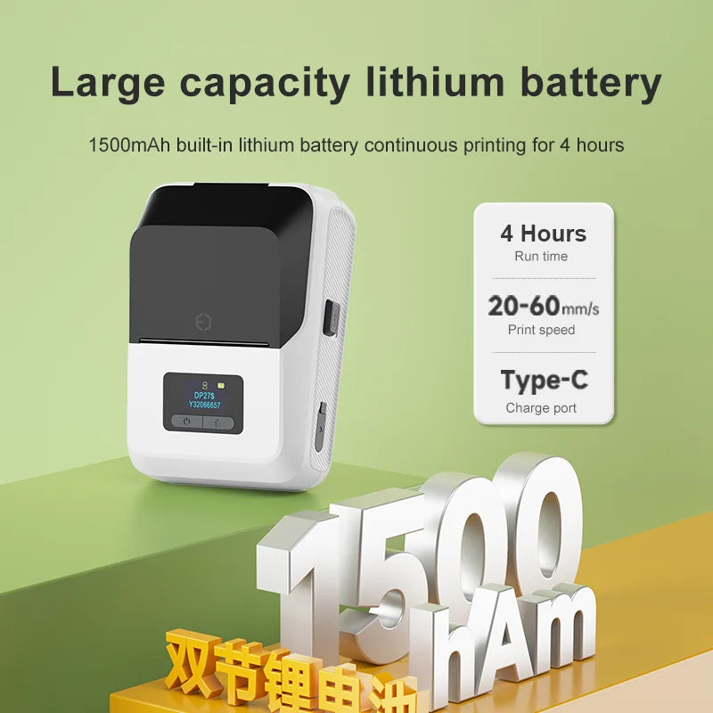 DETONGER DP27S 2inch Mini Thermal Printer No Ink Wireless Connect Compatible iOS Android for Home&Office Cable Sticker Printer