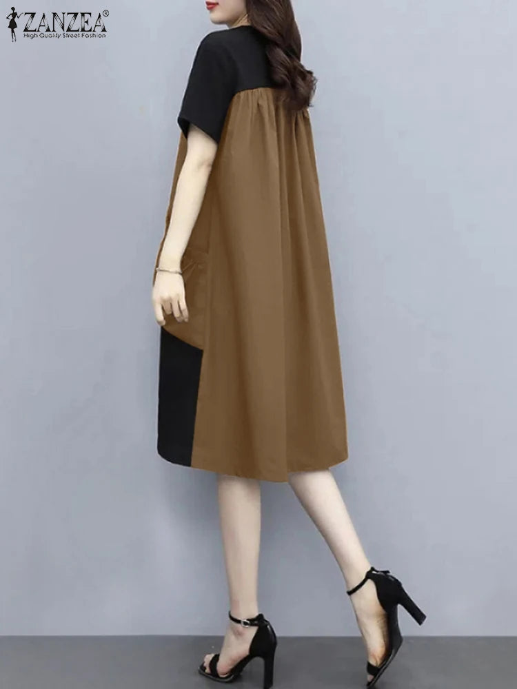 ZANZEA Korean Colorblock Patchwork Dress Women New Big Pocket Robe Summer Fashion Holiday Short Sleeve Mini Sundress Casual Robe