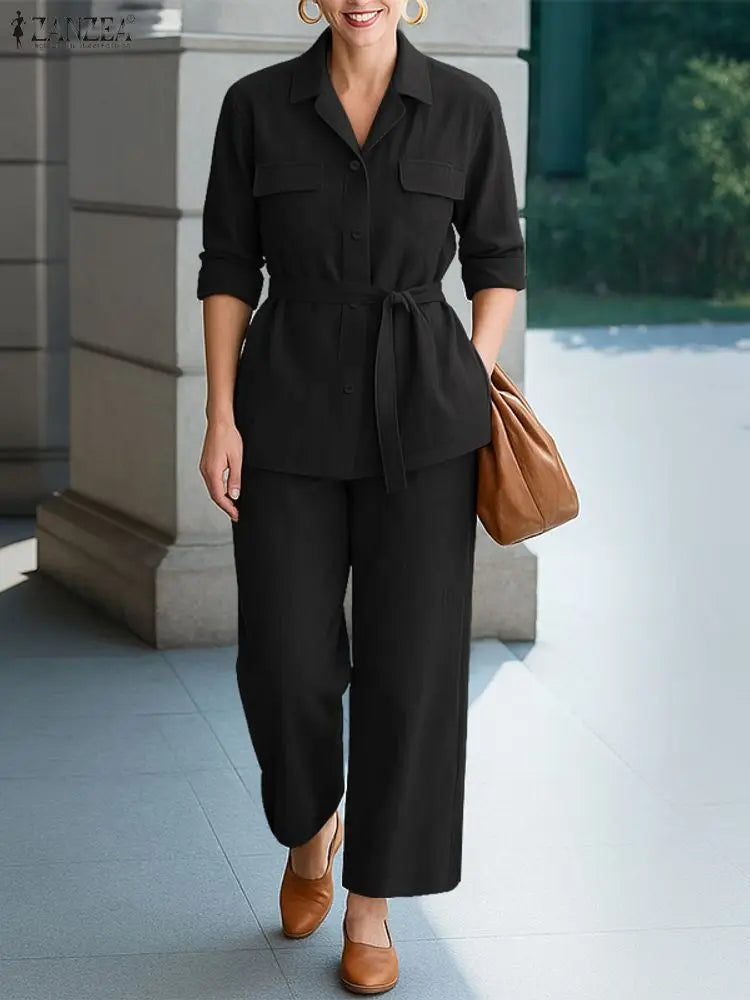 ZANZEA Autumn 2 Pieces Sets Fashion Lapel Neck Long Sleeve Shirt Pant Suits 2025 Elegant Women OL Work Tracksuit Solid Outfits