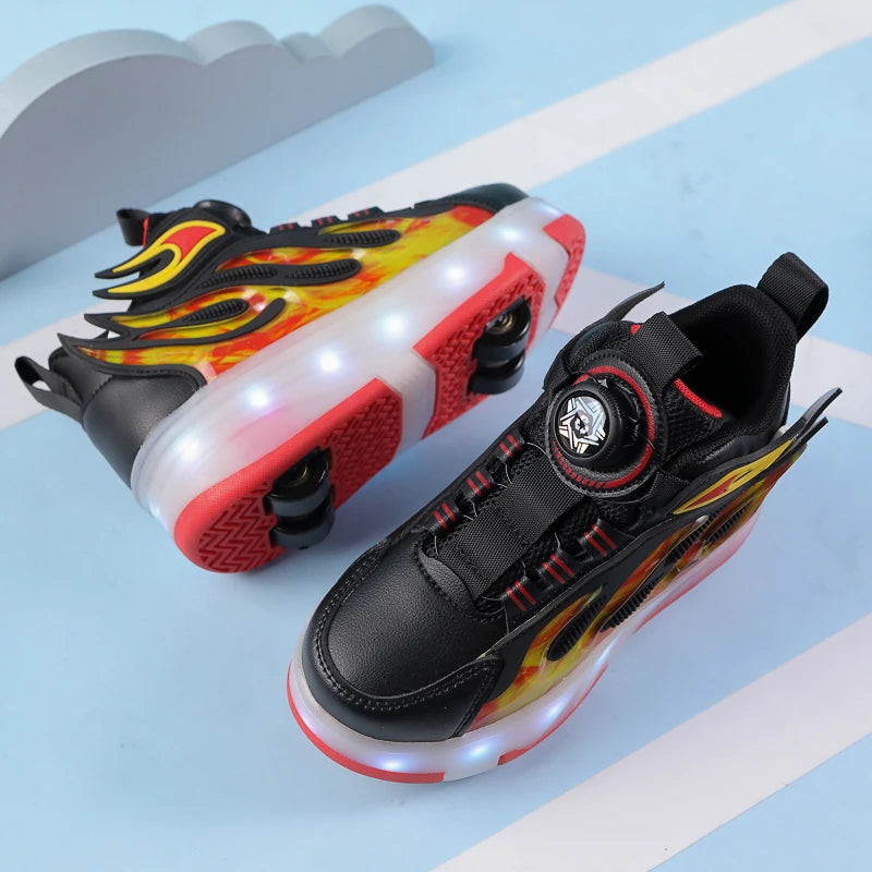 2025 New children's four-wheel novice light up rotary button automatic shrinkage fast walking shoes for boys sneakers