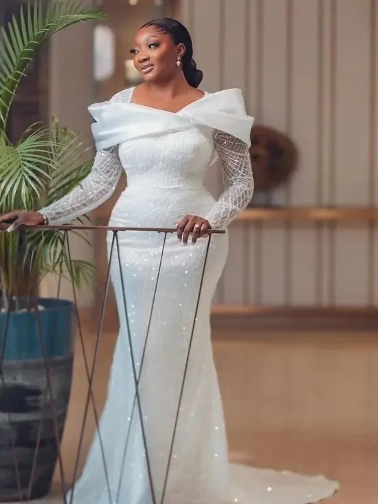 Customized Sparkly African Mermaid Wedding Dresses Long Sleeves Lace Women Shiny Bridal Gowns For Black Girls