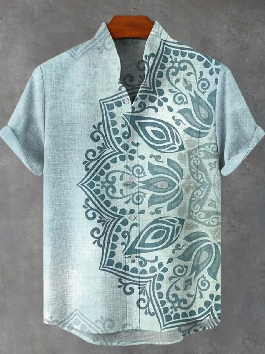 2025 Men's Mandala Flower Pattern Short Sleeve Shirt Summer Vintage New Linen Shirt men's Short Sleeve Leisure Holiday Streetwea