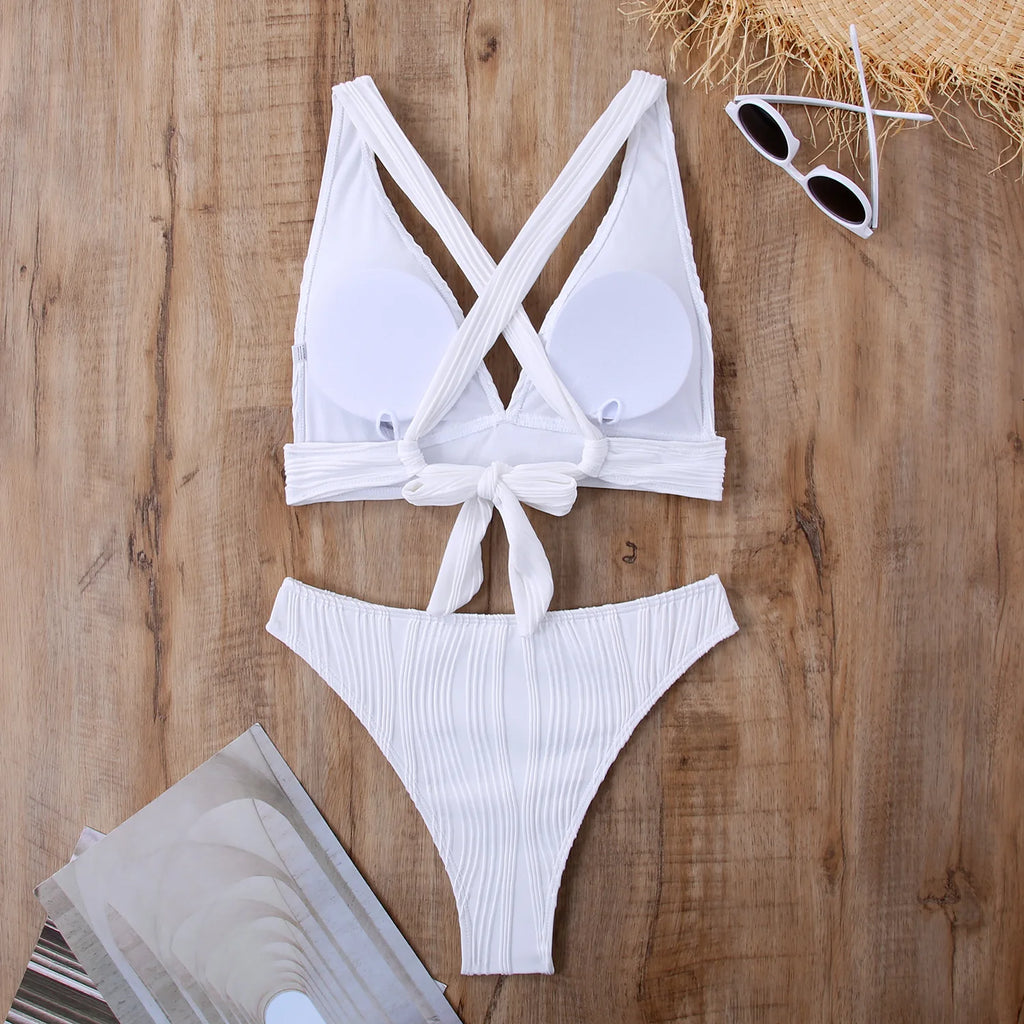 2025 Wrinkled Crinkled Bikini Women Swimwear Female Swimsuit Two-pieces Bikini Set High Cut Bathing Suit Swim Beach Wear Lady