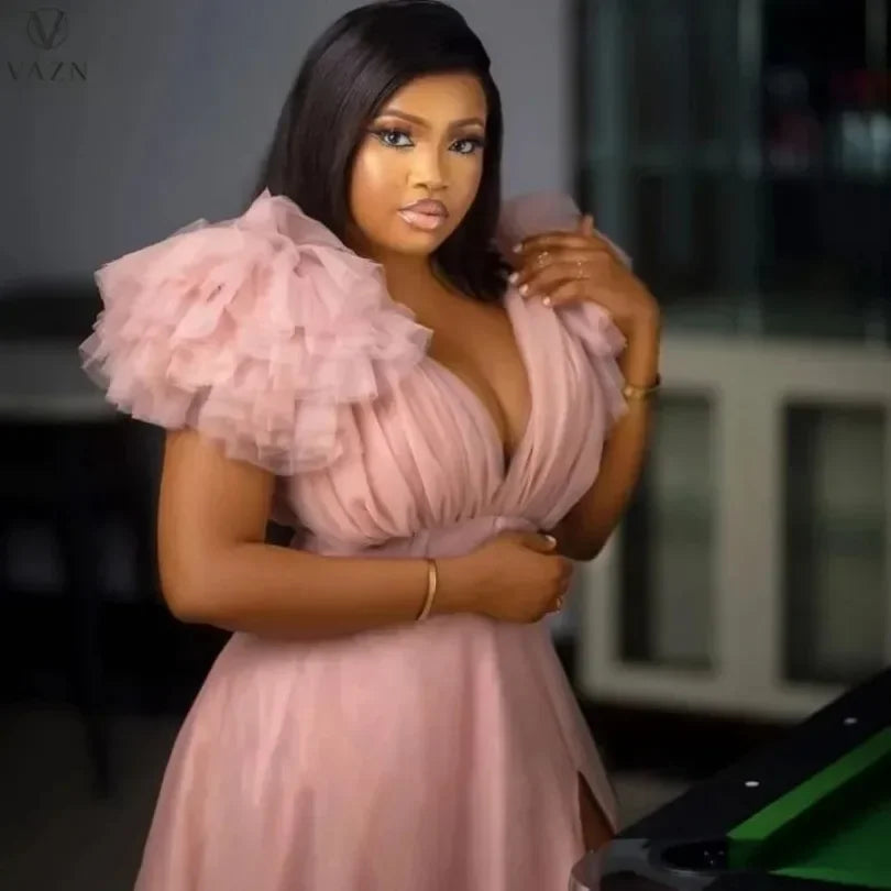 Customized Puff Mesh Short Sleeves Women Party Dress Plus Size 5XL Side Split Deep V Neck Sexy Club Dresses 2025 Charming Birthd