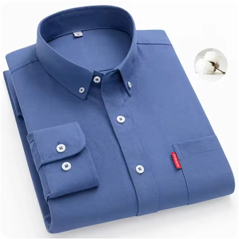 Men's Oxford Long Sleeve Shirts 100% Cotton Solid Color Turn Down Collar Regular Fit Daily Men Clothing Button-down Shirts 5XL