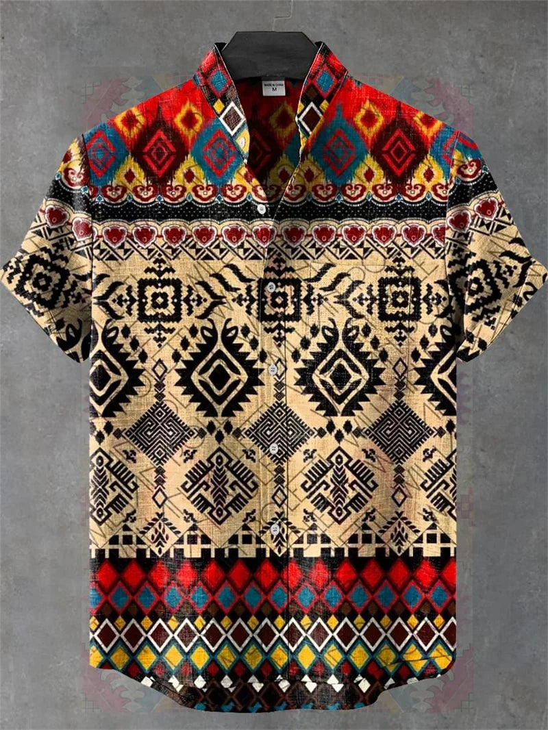 Men's Linen 80% Shirt Vintage Short Sleeve Fashion Tops Summer Casual Ethnic Clothing Shirt Men's Street Shirt