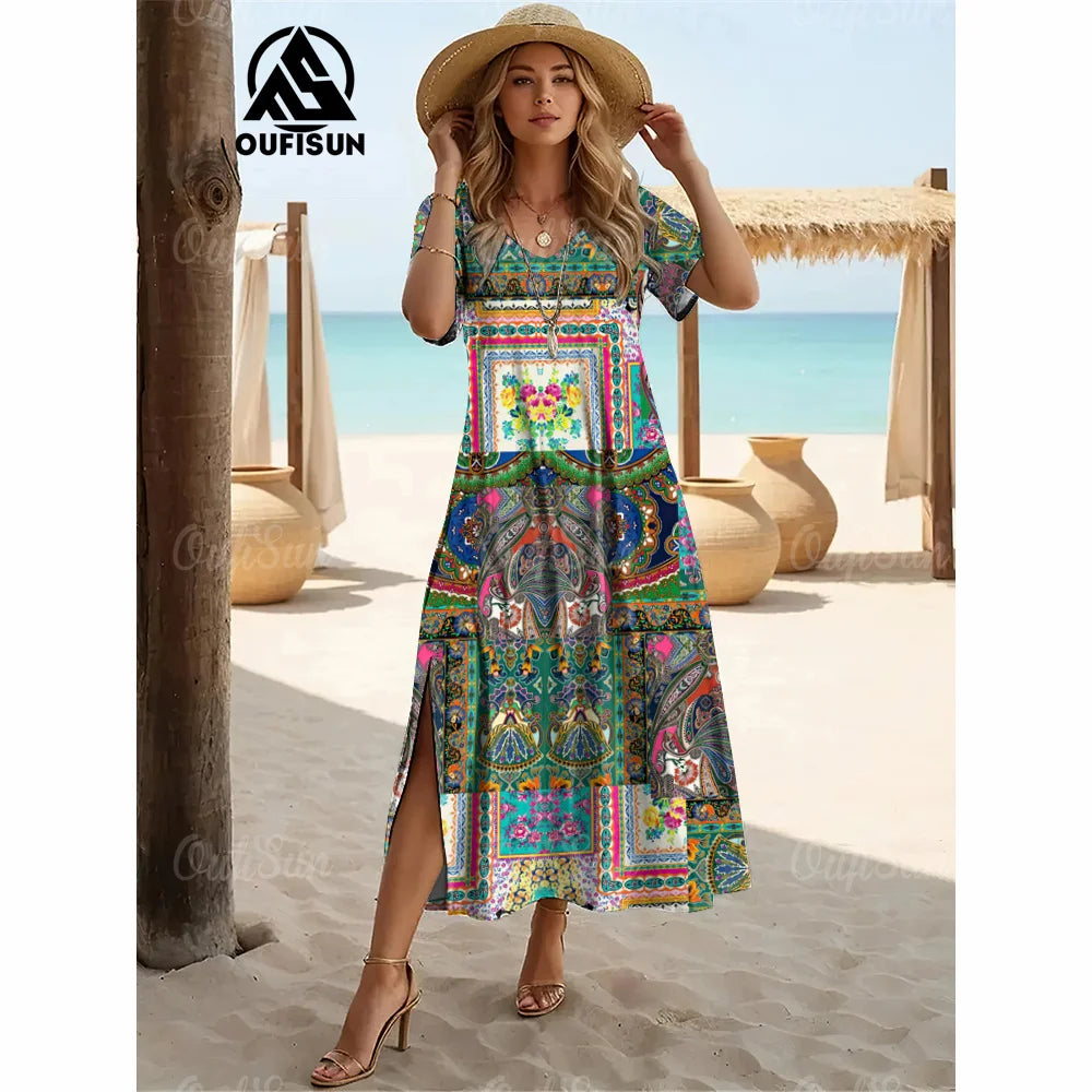 Elegant Womens Dresses Summer V-Neck Women's Clothing Vintage Woman Long Dress Fashions Evening Dress Loose Oversize Pullover