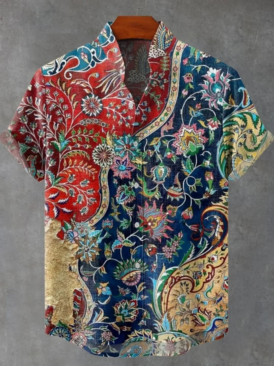 2025 Men's Mandala Flower Pattern Short Sleeve Shirt Summer Vintage New Linen Shirt men's Short Sleeve Leisure Holiday Streetwea