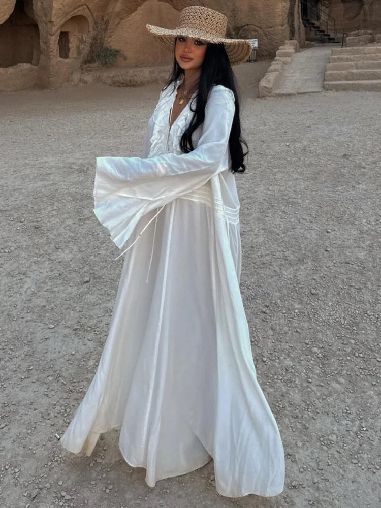 HH 2025 Summer Women's Beach Style Long Dress White V-neck Lace Drawstring Waist-hugging Women's Casual Dress Streetwear