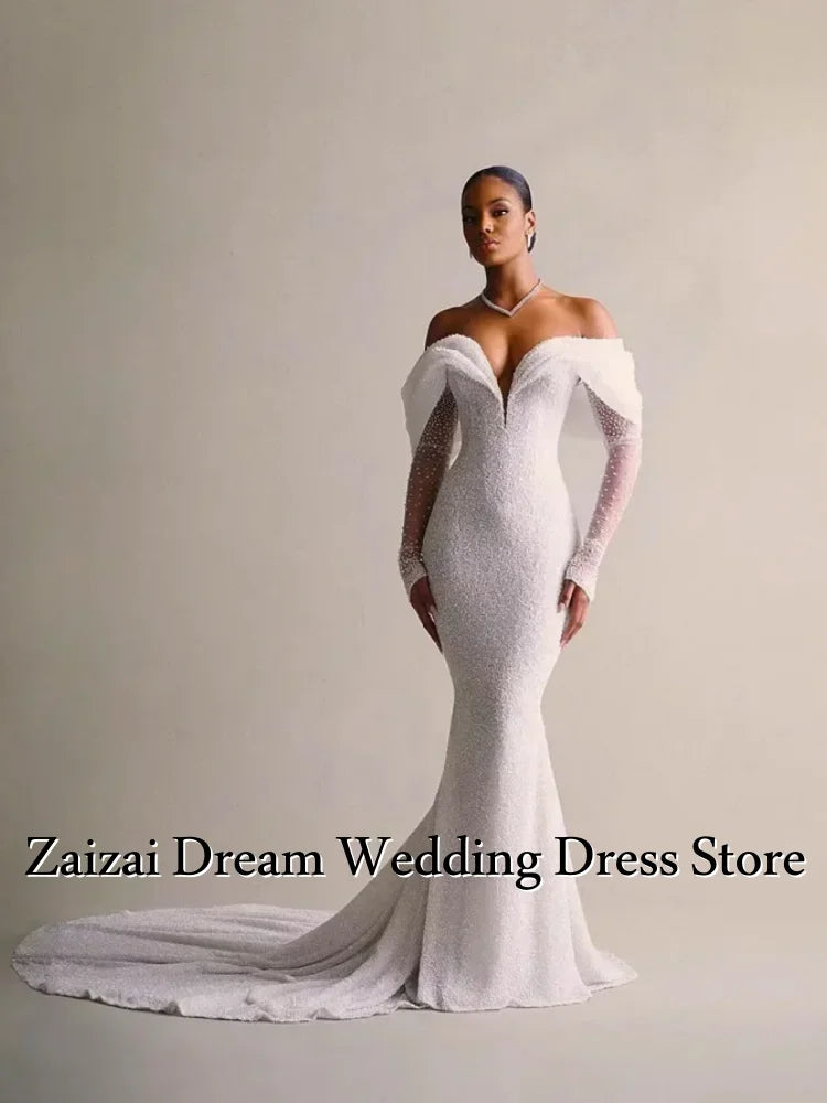 Customized Luxury Detachable 2 In 1Mermaid Wedding Dress Lace Sequins with Train V Neck Full Sleeve Bride Gown  Vestido De Novia