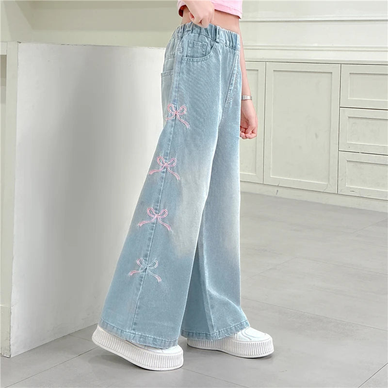 Autumn Kids Child Straight Jeans with Bows on The Side for Teens Girls Fashion Loose Fit Denim Pants Child Casual Jeans Trousers