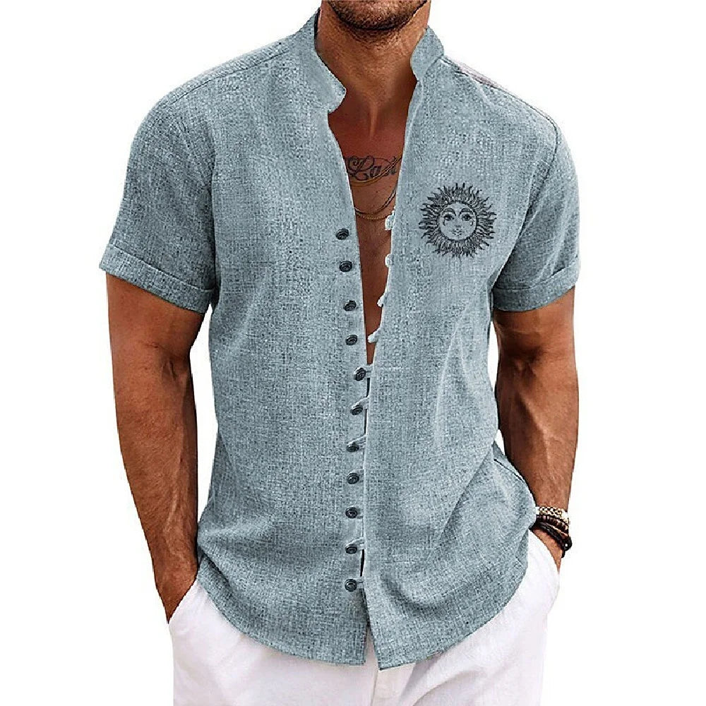 New men's linen short-sleeved shirt, with a fashionable retro style, ethnic motif printing, comfortable and breathable. Men's sh