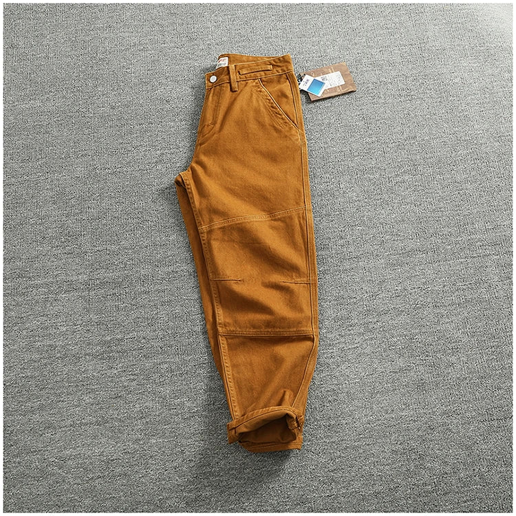Retro heavy simple cargo pants men's loose straight leg casual pants pure cotton twill woven 3D vertical cut cone pants