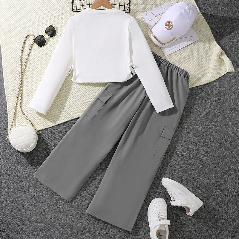 2024 New Spring Autumn Girls Matching Clothes 8-12 Years Solid Color Vacation Party Daily Casual Clothing Korean Style Outfits