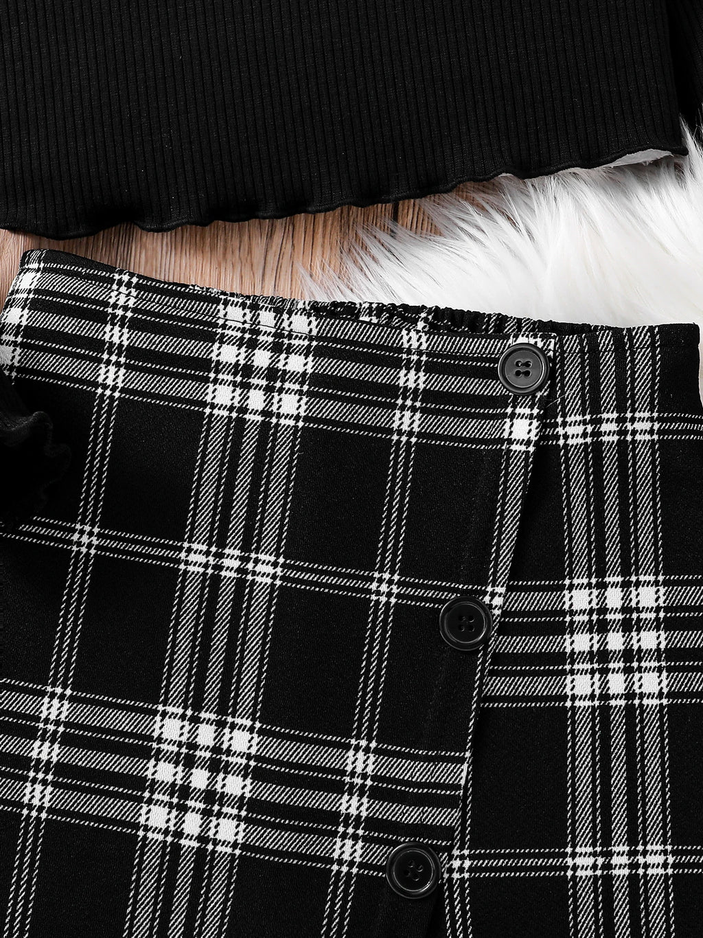 Girls spring new children's fashion casual clothing knitted crew-neck long-sleeved top + asymmetrical plaid skirt 2-piece set