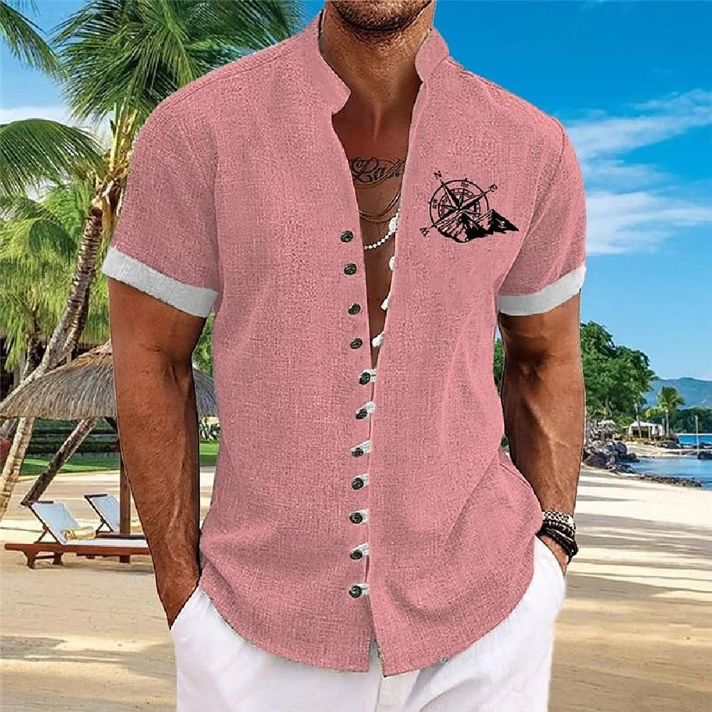 New men's linen short-sleeved shirt, with a fashionable retro style, ethnic motif printing, comfortable and breathable. Men's sh