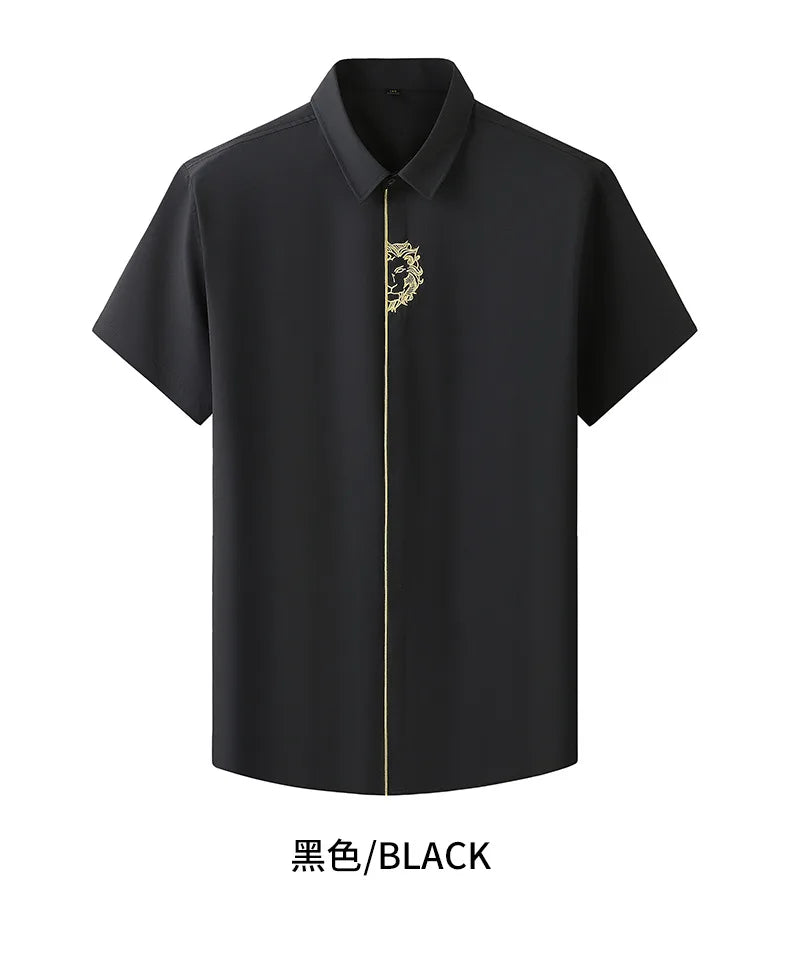 Upto 10XL Size Short Sleeve Embroidered Shirt Men's Casual Loose Oversized Black and White Short Sleeve Shirt Summer