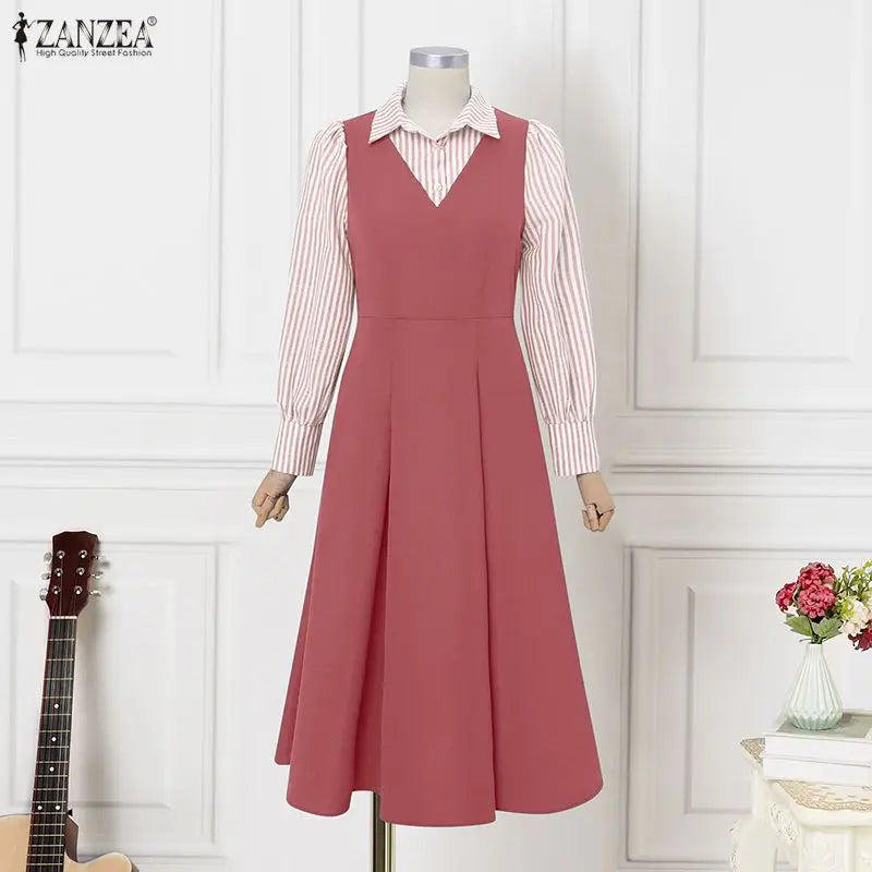 ZANZEA Women Long Shirt Dresses Autumn Long Sleeve Striped Fake 2 Piece Shirts Maxi Robe Fashion Elegant Office Party Vestidos