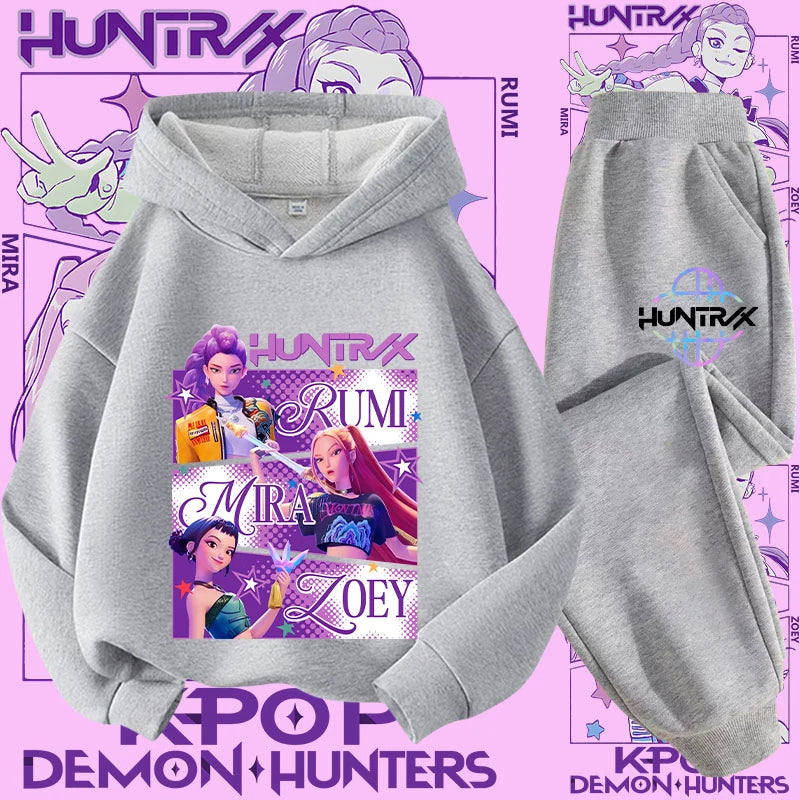 K-pop Demon Hunter New Children's Hoodie Set - Cute Girls' Casual Top for Kids,Boys' Sports Shirt with Cartoon Print-2-Piece Set