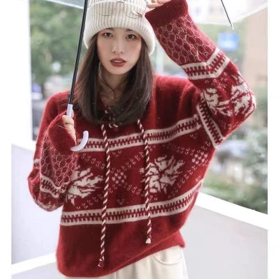 100% pure wool cashmere sweater women's 2024 autumn and winter new hooded collar pullover fashionable loose knit plus size top