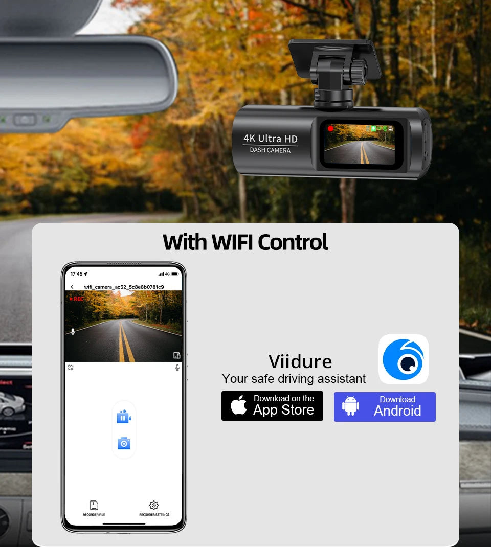 E-ACE Dash Cam 4K Car Video Recorder 170 ° Super Large Angle WIFI GPS 24H Parking Monitoring Car DVR 1080P Rear Camera Black Box