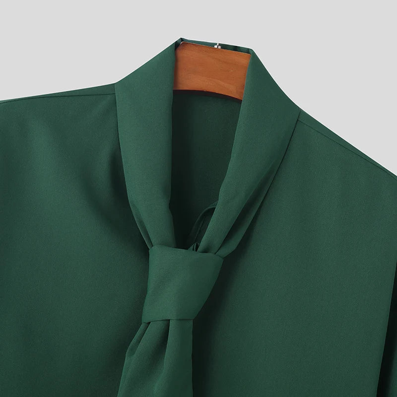 INCERUN Men Shirt Solid Color Lace Up Long Sleeve Loose Casual Men Clothing Streetwear 2024 Fashion Leisure Male Shirts S-5XL