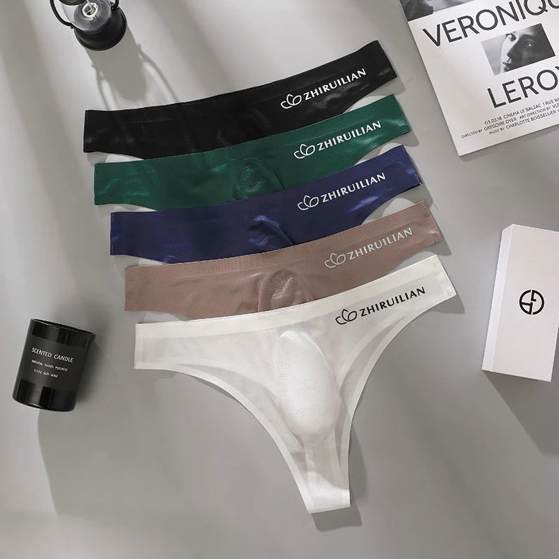 Men's Thongs Low Waist Underwear Sexy Ice Silk T-Back Panties Breathable Quick Drying G-string Seamless Ultra-thin Underpants