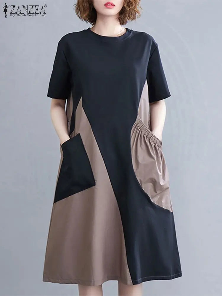 ZANZEA Korean Colorblock Patchwork Dress Women New Big Pocket Robe Summer Fashion Holiday Short Sleeve Mini Sundress Casual Robe