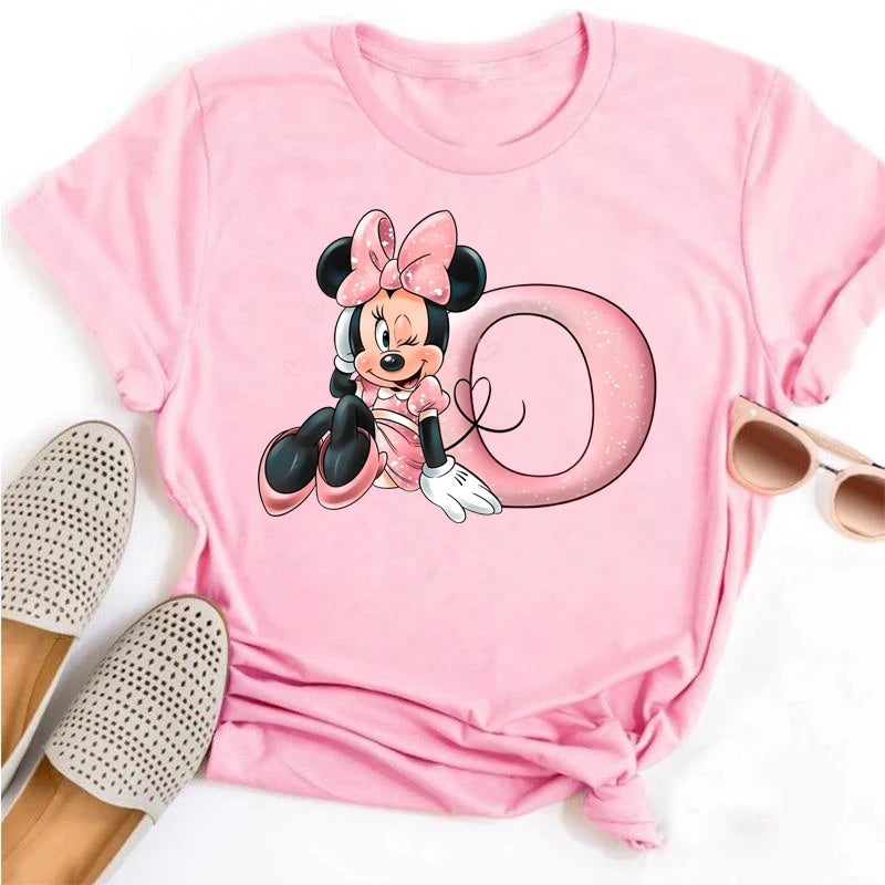 Disney Cartoon Minnie Mouse Letter A B C D E F Print Women Summer T Shirt Harajuku Casual Short Sleeves Pink Female Tshirts