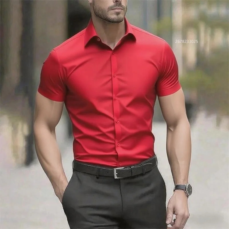 Solid color men's shirt casual shirt, high quality solid color short sleeve stretch fabric, business formal shirt, XS-6XL size