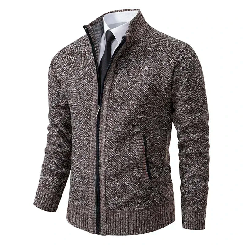 2025 Autumn and Winter New Jersey Men's Casual Sports Coat Solid Color Stand Collar Sweater Grab Fleece Warm Zipper Cardigan