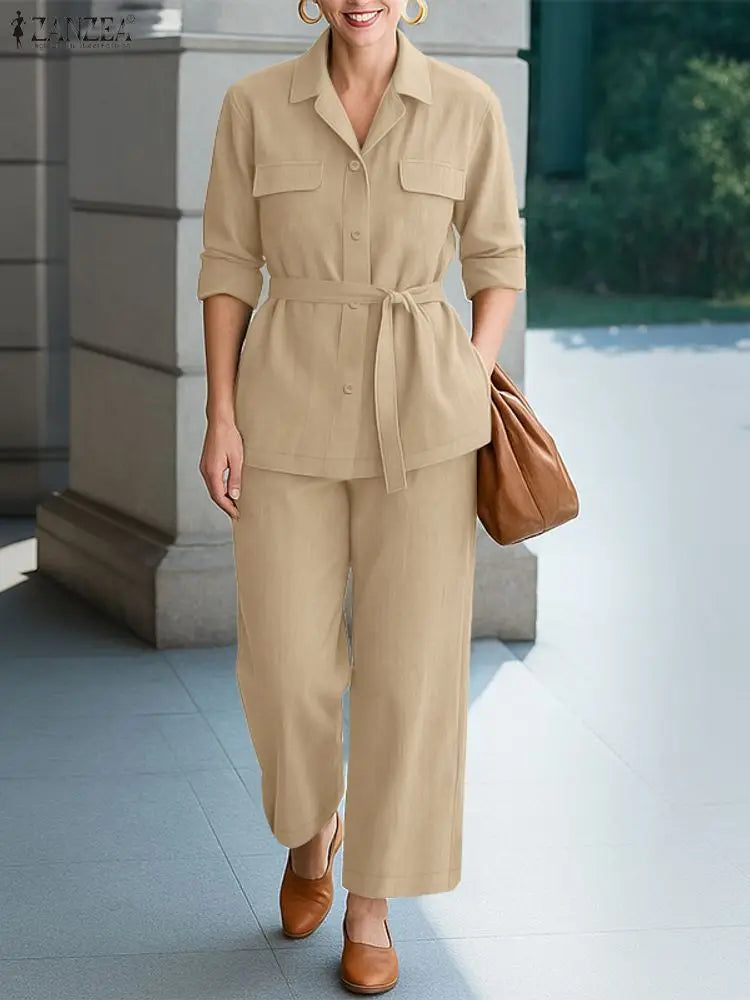 ZANZEA Autumn 2 Pieces Sets Fashion Lapel Neck Long Sleeve Shirt Pant Suits 2025 Elegant Women OL Work Tracksuit Solid Outfits