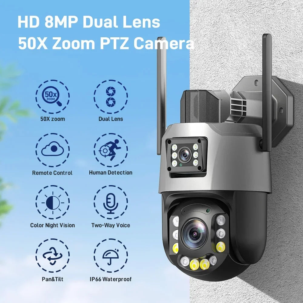 8MP 50X Zoom PTZ Camera Wifi Dual Lens 4K 20X Outdoor Surveillance Camera 393ft Ultra Long IR Vision Distance ONVIF Security
