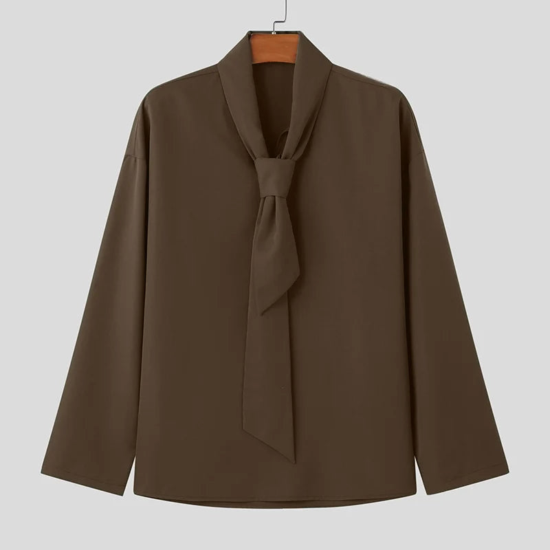 INCERUN Men Shirt Solid Color Lace Up Long Sleeve Loose Casual Men Clothing Streetwear 2024 Fashion Leisure Male Shirts S-5XL