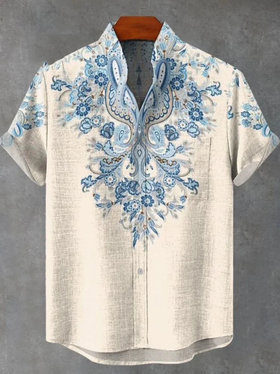 2025 Men's Mandala Flower Pattern Short Sleeve Shirt Summer Vintage New Linen Shirt men's Short Sleeve Leisure Holiday Streetwea