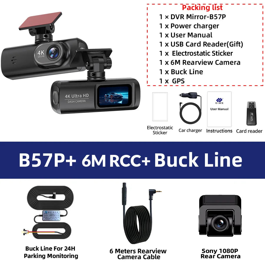 E-ACE Dash Cam 4K Car Video Recorder 170 ° Super Large Angle WIFI GPS 24H Parking Monitoring Car DVR 1080P Rear Camera Black Box