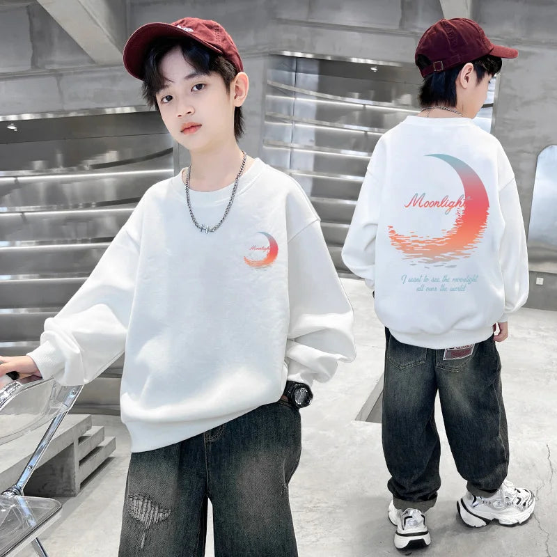 3-14 Years Boys Girls Sweatshirt Pullover Autumn Moon Graffiti Printed Long Sleeves T-Shirt Tops Korean Casual Kids Clothes 2025