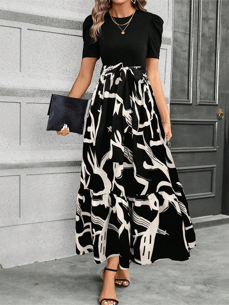 Elegant Floral Print Round Neck Long Dresses Women Short Sleeve High Waist Lace-up Office Lady Holiday Party Dresses Vestidos