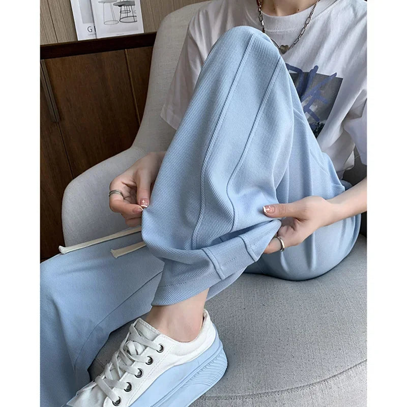 Lady Casual Daily High Waisted Sweatpants Women Drawstring Straight Leg Pants Girls Korean Slim Fit Thin Trousers