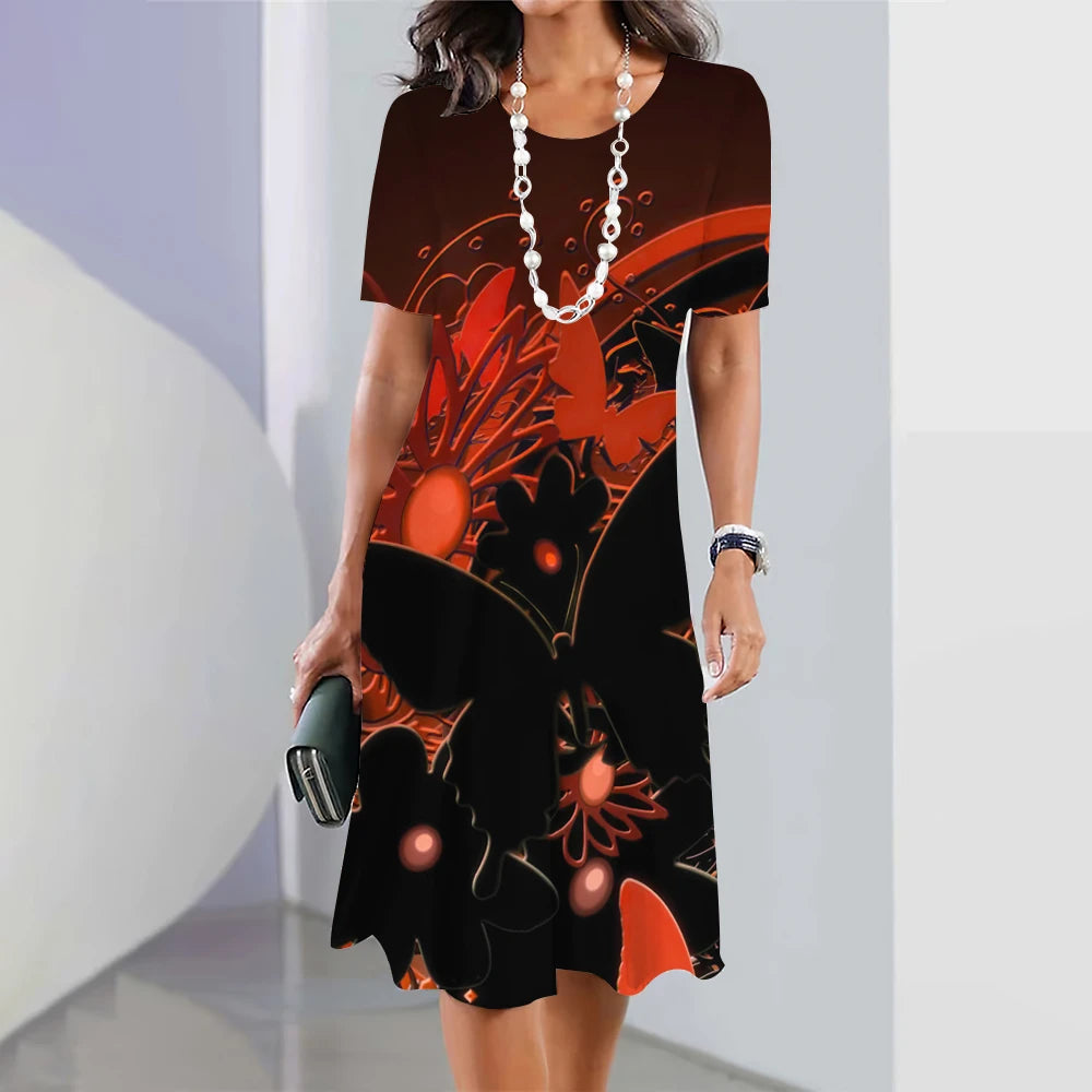 Summer Women'S Dresses 3d Art Flowers Printed Short Sleeve Clothing Elegant Loose A-Line Skirt Fashion Lady Large Size Dress