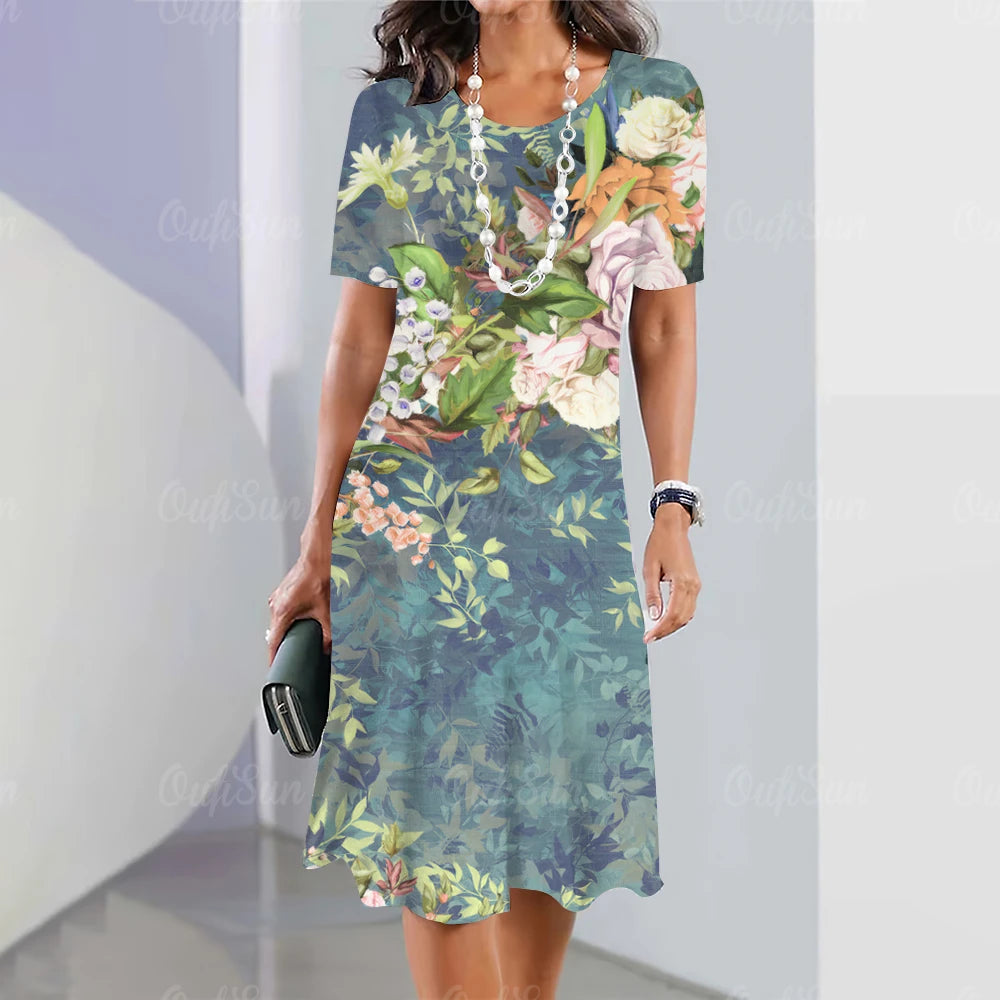 Summer Women'S Dresses 3d Art Flowers Printed Short Sleeve Clothing Elegant Loose A-Line Skirt Fashion Lady Large Size Dress