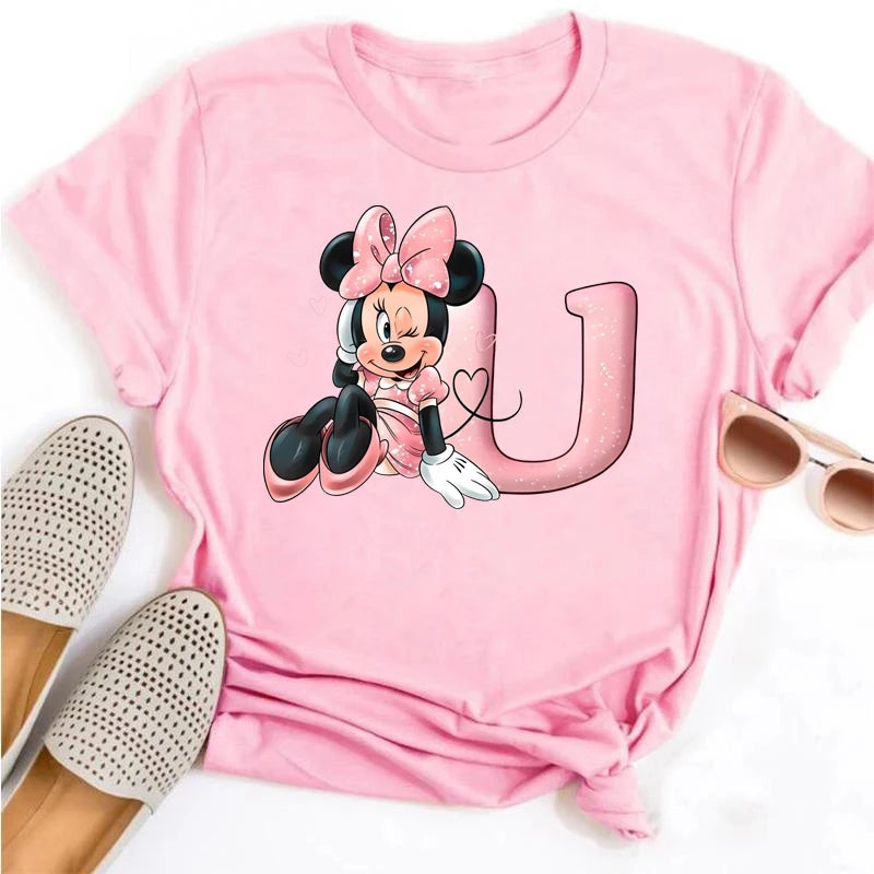 Disney Cartoon Minnie Mouse Letter A B C D E F Print Women Summer T Shirt Harajuku Casual Short Sleeves Pink Female Tshirts