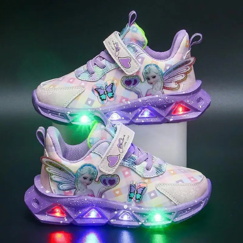 Pink Elsa Princess Baby Girls Sneaker Cartoon Fashion Children's Shoes Spring Autumn Kids Led Lighting Sports Sneakers