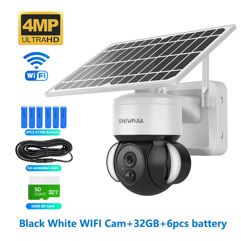 SHIWOJIA 4MP WIFI Solar Camera 4G Sim Card PIR Human Detection Solar Battery Security Camera CCTV Video Surveillance Outdoor Cam