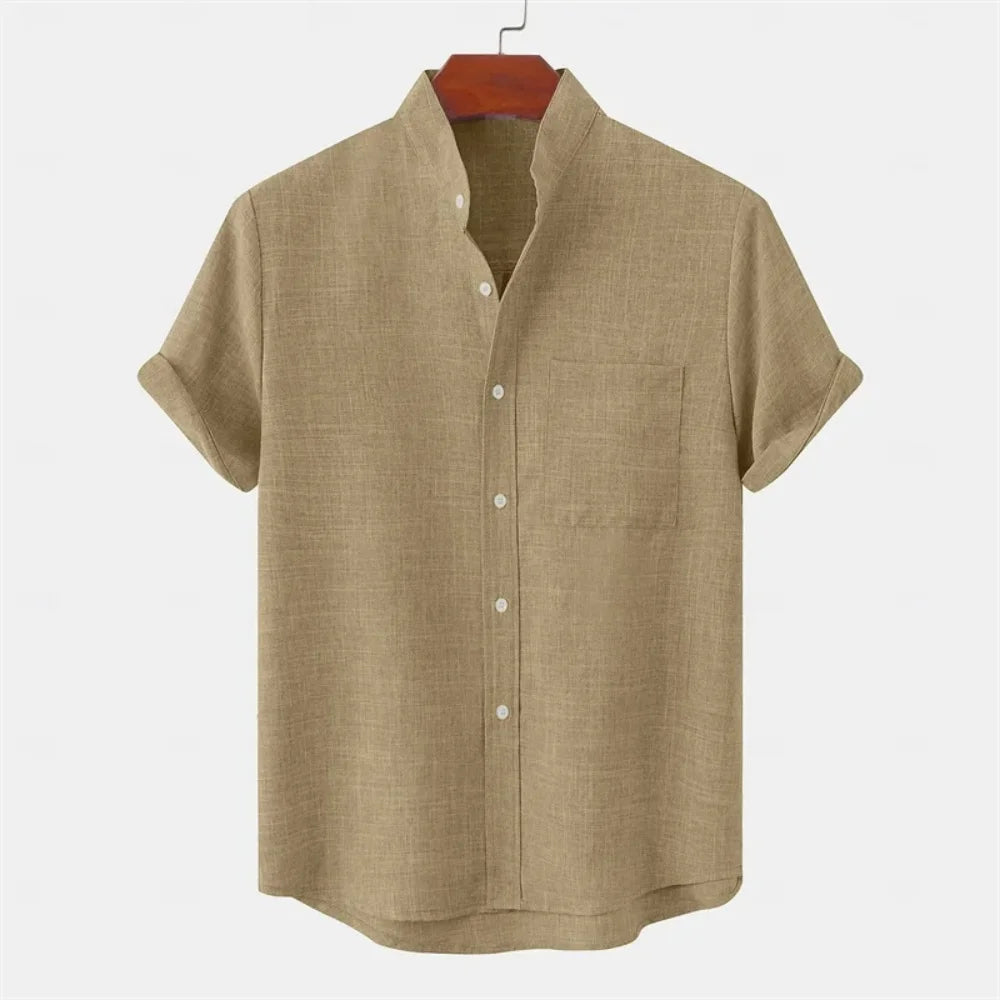 Summer new men's pure-color linen short-sleeved collared shirt - Casual enhanced version men's shirt - Fast shipping